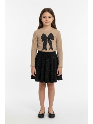 New Kids Taşlı Fiyonk Detaylı Kız Çocuk Etek Bluz Takımı Tam Kalıp