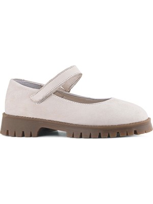 Rakerplus Hakiki Deri Krem Nubuk Cırtlı Kalın Tabanlı Kız Çocuk Okul Ayakkabısı