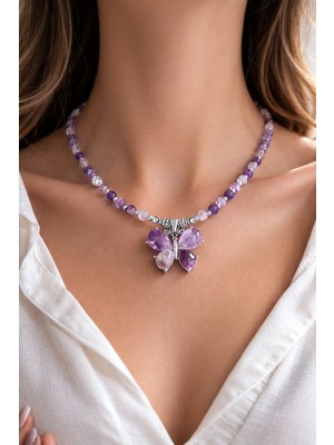 Efulim Doğaltaş Ametist Kelebek Kolye, Doğal Taş Mor Kolye, Zarif Tasarım
