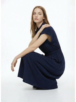 Fabrika Gömlek Yaka Düz Lacivert Maksi Kadın Elbise F5SL-ELB0393