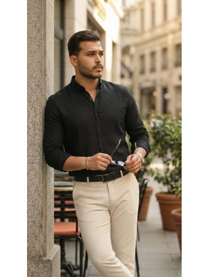 Flamex Erkek Uzun Kollu Rahat Keten Gömlek