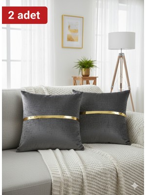 Lüks 2'li Kadife Kırlent Kılıfı Seti - 40X40 cm Altın Şeritli Dekoratif Yastık Kılıfı