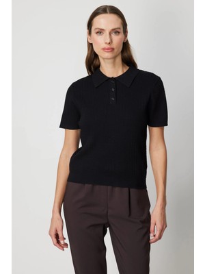 On Fashion Kadın Polo Yaka Triko Siyah Kazak 60314