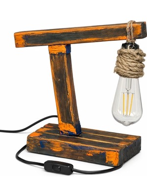 Woodylight Rustik El Yapımı Masif Ahşap Masa Lambası - Retro Edison Tasarım Dekoratif Gece Lambası