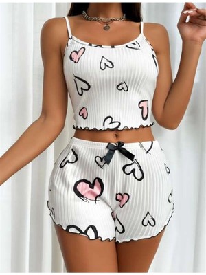 Letsii Kalp Desenli Askılı Şortlu Pijama Takımı Standart Renk