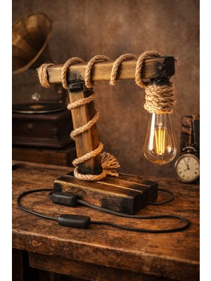 Woodylight Rustik El Yapımı Masif Ahşap Masa Lambası - Retro Edison Tasarım Dekoratif Gece Lambası