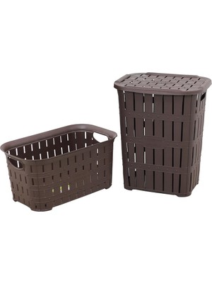 Norino Sağlam Plastik Bambu Görünümlü Kirli Çamaşır Sepeti- Çamaşır Sepeti 2'li Set Kahverengi