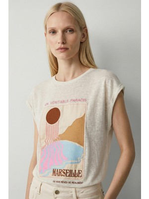 Rays 118 Baskı Nakışlı Sıfır Kol Tişört Bej