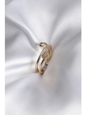 Renklime Pirinç Gold Renk Zirkon Taş Detay Kalp Model Kadın Yüzük