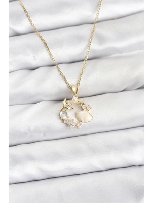 Renklime 316L Çelik Zincir Gold Renk Deniz Tema Model Zirkon Taşlı Kadın Kolye