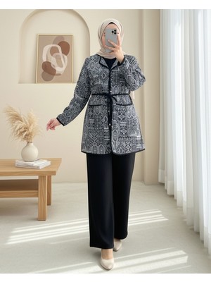 Modamorfo Beli Bağlamalı Çift Cepli Desenli Scuba Takım -Siyah