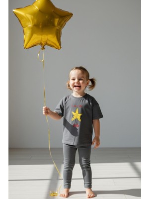 Monila Kız Çocuk Pamuklu Yıldız Baskılı T-Shirt ve Fitilli Tayt 2'li Takım