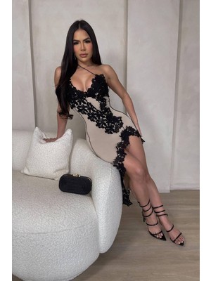 BMD Lusya Dantelli Midi Elbise - Bej