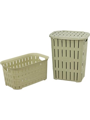 Norino Sağlam Plastik Bambu Görünümlü Kirli Çamaşır Sepeti- Çamaşır Sepeti 2'li Set Çölbeji