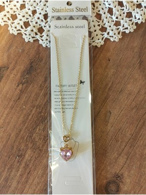 Stainless Steel Pembe Taşlı Gold Renk Kalpli Kolye