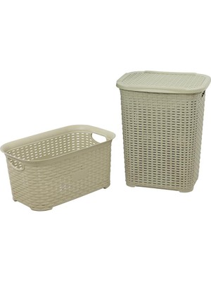 Norino Sağlam Plastik Rattan Hasır Görünümlü Kirli Çamaşır Sepeti- Çamaşır Sepeti 2'li Set Çö