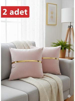 Lüks 2'li Kadife Kırlent Kılıfı Seti - 40X40 cm Altın Şeritli Dekoratif Yastık Kılıfı