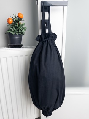 Yuvol Keten Siyah Kumaş Poşetlik Organizeri 50X35 cm Çift Lastikli Mutfak Poşet Düzenleyici