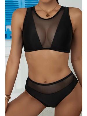 Brentino Kadın Siyah Tül Detaylı Yüksek Bel Sütyen Takımı - 2 Parça Nümune M Manken 38 Şık Rahat Günlük