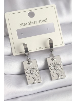 Renklime 316L Çelik Gümüş Renk Zirkon Taşlı Göz Işleme Detaylı Plaka Model Kadın Küpe