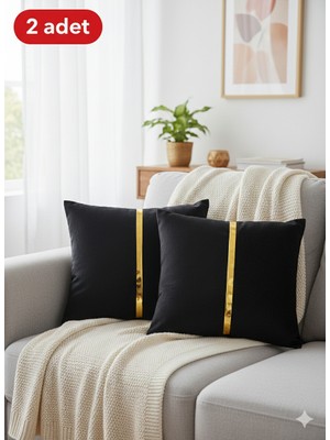 Lüks 2'li Kadife Kırlent Kılıfı Seti - 40X40 cm Altın Şeritli Dekoratif Yastık Kılıfı