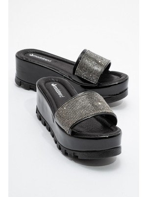 Bambi Siyah Platin Taşlı Kadın Terlik Tekstil Malzemeden Düz Topuklu Şık Tasarım