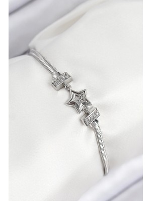 Renklime Pirinç Zirkon Taşlı Yıldız Model Gümüş Renk Kadın Bileklik