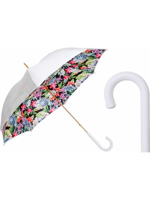 Normadia Beyaz Çiçekli Şemsiye, Manuel Açma, Polyester, Deri Sap, 93 cm Uzunluk, 102 cm Çap