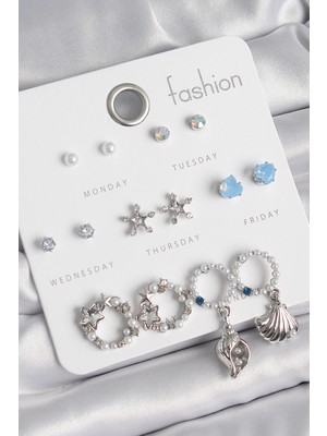 Renklime Pirinç Gümüş Renk Incli Zirkon Taşlı Halka Figür Yıldız Detay 7 Çift Kadın Küpe Seti