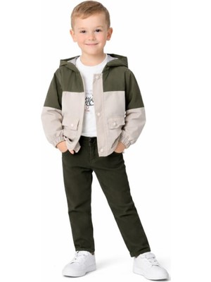 İrem Çocuk Giyim Erkek Çocuk California Yazılı Cep Model Yağmurluklu Keten Pantolonlu Haki Renk Şık Üçlü Takım