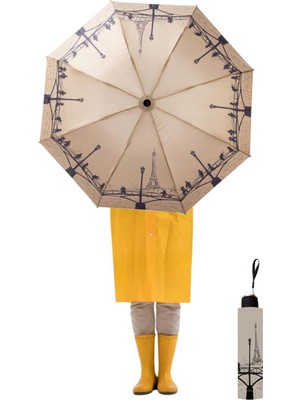 Normadia Paris Temalı Krem Renkli Şemsiye, Zarif 8 Telli Yarasa Model Kadın Ürün