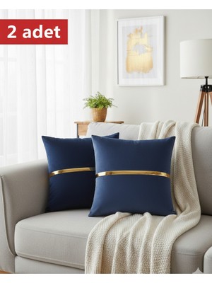 Lüks 2'li Kadife Kırlent Kılıfı Seti - 40X40 cm Altın Şeritli Dekoratif Yastık Kılıfı