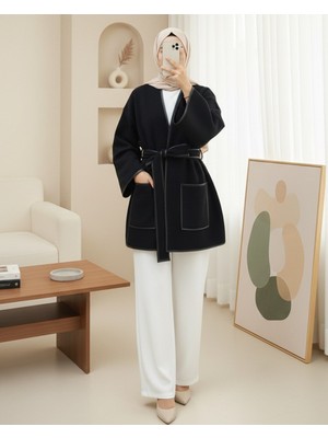 Modamorfo Biye Detaylı Çift Cepli Kuşaklı Kaşe Kimono -Siyah