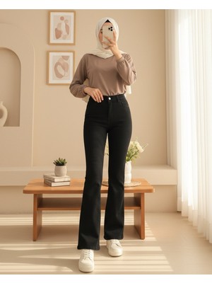 Modamorfo Cepli İspanyol Paça Fermuarlı Kot Pantolon  -Siyah