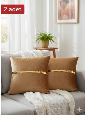 Lüks 2'li Kadife Kırlent Kılıfı Seti - 40X40 cm Altın Şeritli Dekoratif Yastık Kılıfı