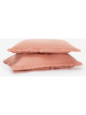 Barine Frill Fırfırlı Keten Karışımlı 2'li Yastık Kılıfı Açık Mercan