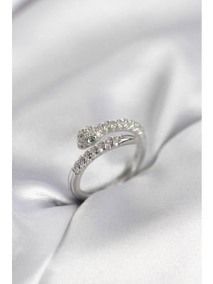 Nuveden Ieg™ Yılan Model Gümüş Renk Zirkon Taşlı Kadın Yüzük NVDN-RSBJT34