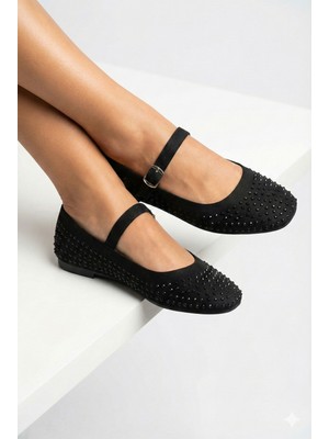 Nmoda Taşlı Siyah Mary Jane Babet ✨ Kristal Taş Detaylı Tek Bantlı Şık Kadın Babet Günlük Davet Ayakkabısı