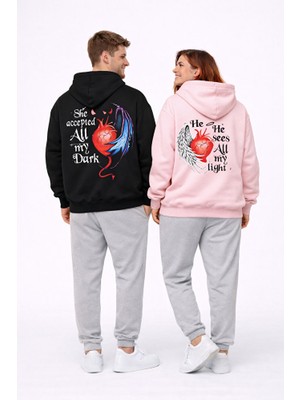 Nevermind Sevgili Kombini Melek Şeytan Kalp Baskılı Oversize Hoodie Seti Kadın Erkek