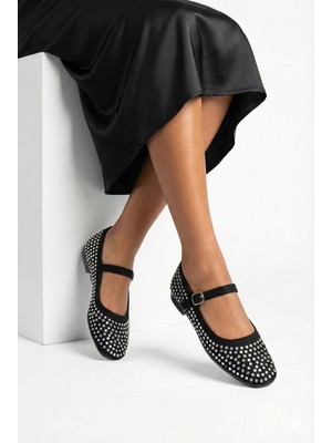 Nmoda Taşlı Siyah Mary Jane Babet ✨ Kristal Taş Detaylı Tek Bantlı Şık Kadın Babet Günlük Davet Ayakkabısı