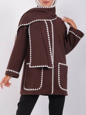 Queene Dreams Önü Düğmeli Atkılı Cepli Ceket -Kahve