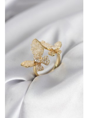 İlkyaz Fashion Gold Renk Beyaz Kelebek Model Zirkon Taşlı Kadın Yüzük ILKYAZB-RSBJTR34