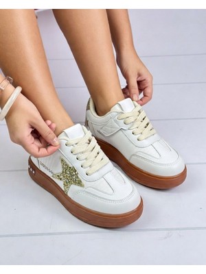 Nstil Kız Çocuk Simli Yıldız Detaylı Sneaker Bağcıklı Cırtlı Günlük Spor Ayakkabı 5006