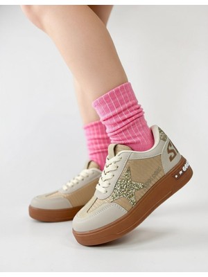 Nstil Kız Çocuk Simli Yıldız Detaylı Sneaker Bağcıklı Cırtlı Günlük Spor Ayakkabı 5006