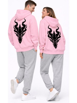 Nevermind Unisex Ejderha Baskılı Beyaz Sevgili Kombini Oversize Hoodie Seti