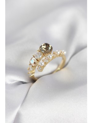 DS LLC Gold Renk Pirinç Zirkon Taşlı Incili Kadın Yüzük - TJ-BYK4036 Iegtgrs-34