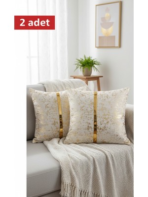 Lüks 2'li Kadife Kırlent Kılıfı Seti - 40X40 cm Altın Şeritli Dekoratif Yastık Kılıf Varaklı