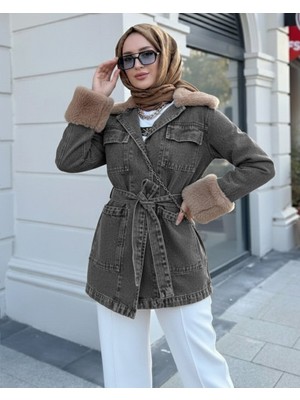 Queene Dreams Yakası ve Kolu Kürklü Önü Bağlamalı Cepli Kot Ceket  -Füme