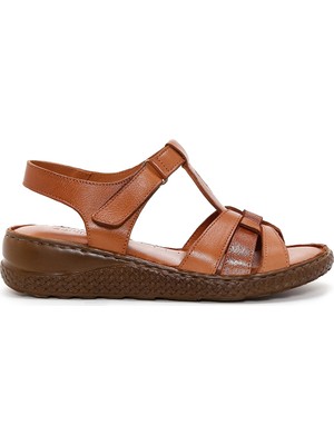 Derimod Kadın Taba Bantlı Kalın Tabanlı Deri Comfort Sandalet 26SFD320318