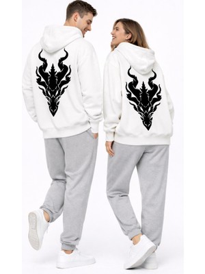 Nevermind Unisex Ejderha Baskılı Beyaz Sevgili Kombini Oversize Hoodie Seti